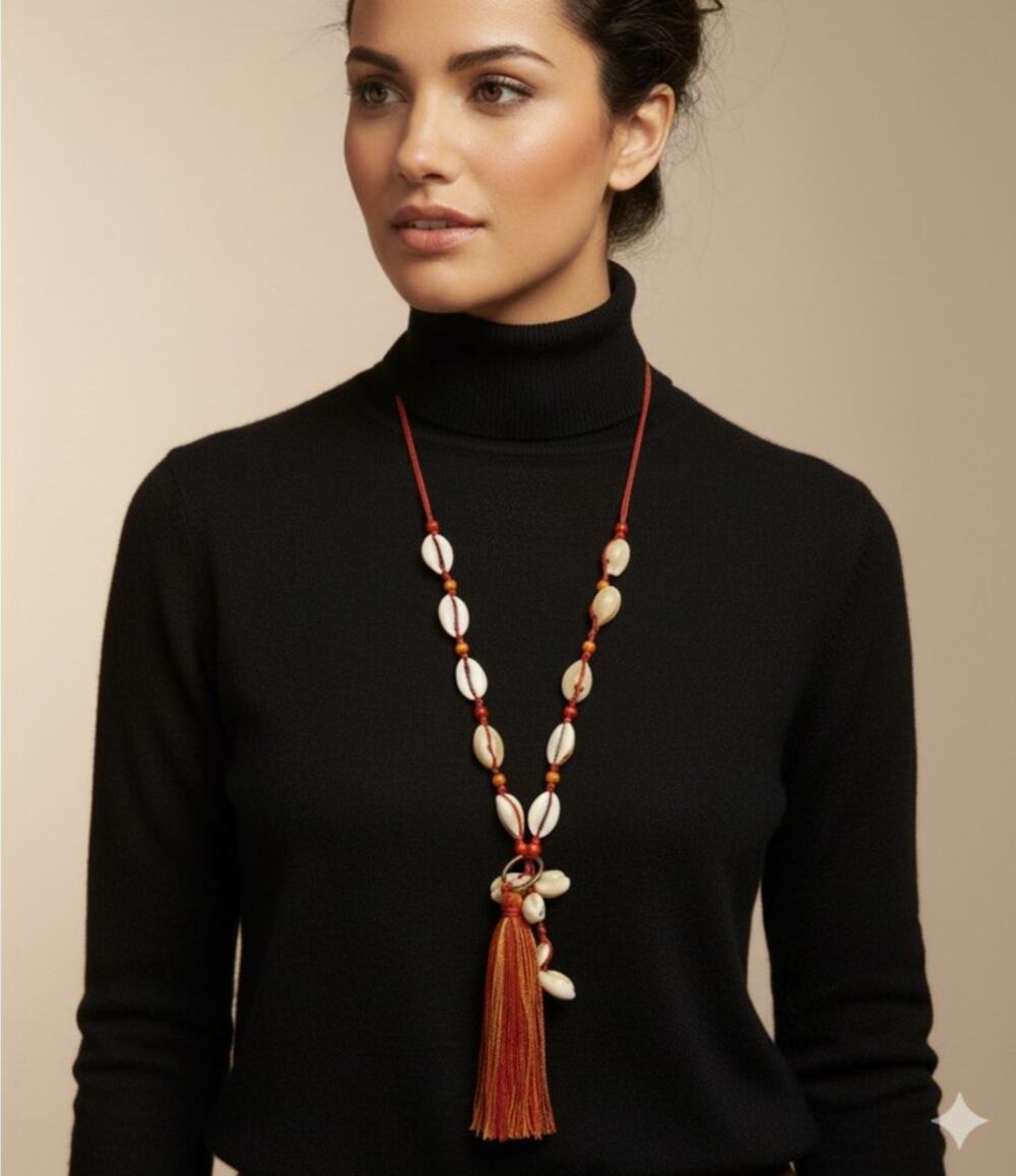 MIA Collection Cowrie Shell Tassel Long Necklace Red Cord Adjustable Boho Women